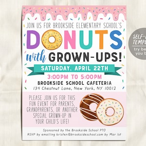 Puede incluir: Una invitación imprimible rosa y blanca para un evento "Donuts with Grown-Ups" en la escuela primaria Brookside. La invitación presenta donas y chispas coloridas. El evento está programado para el sábado 22 de abril de 3:00 PM a 5:00 PM en la cafetería de la escuela Brookside, ubicada en 134 Chestnut Lane, Nueva York, NY 10012. La invitación también incluye el texto "Plantilla de autoedición, ¡pruébala antes de comprar!"