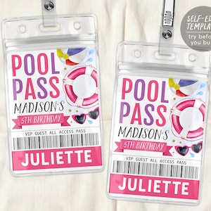 Peut inclure: Deux modèles de laissez-passer de piscine imprimables rose et violet sur le thème de la plage. Le texte indique "Pool Pass" avec un nom et un âge. Le texte "VIP Guest All Access Pass" est également inclus. Le modèle est conçu pour être imprimé et utilisé comme une faveur de fête.