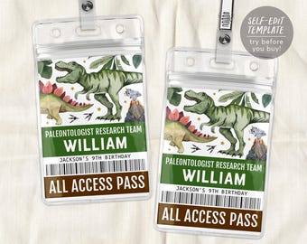 Dinosaur Party ID Badge VIP Pass Editable Template, Paleontologist Scientist All Access Pass, Prehistoric Jurassic T-Rex Party Name Insert