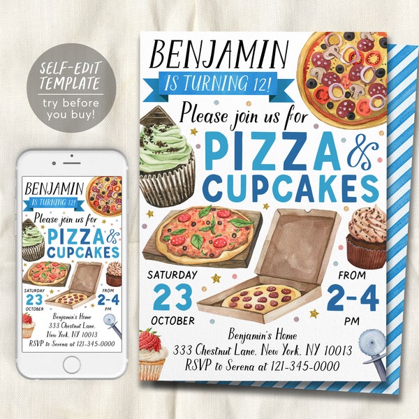 Pizza And Cupcakes Decorating Party Invitation Editable Template, Boy Baking Birthday Evite, Kids Preteen Chef Cooking Party Invite