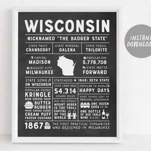 Wisconsin State Wall Art Sign Poster Infographic, Chalkboard Wisconsin Map, Madison, US States, Men&#39;s Gift, State Facts, Housewarming Gift
