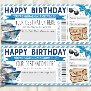 Modèle modifiable de billet d'embarquement de croisière, cadeau d'anniversaire, bon de bateau surprise, billet de voyage de vacances, voyage de vacances, destination révélée