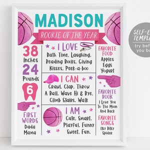 Modelo editável de placa de marco do primeiro ano de basquete, pôster de estatísticas de decoração de primeiro aniversário de novata rosa do ano, placa de esportes de um ano