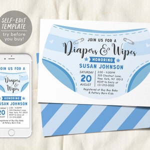 Editable Diaper and Wipes Baby Shower Invitation Template, Baby Boy Blue Baby Shower, Nappy, Baby Sprinkle Invite, It&#39;s A Boy