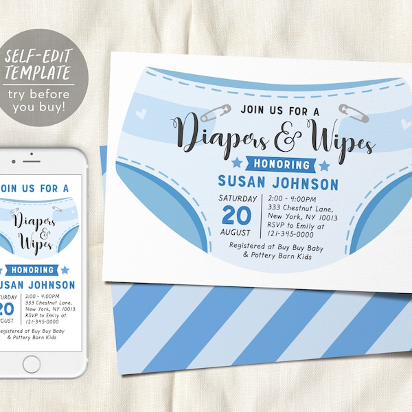 Editable Diaper and Wipes Baby Shower Invitation Template, Baby Boy Blue Baby Shower, Nappy, Baby Sprinkle Invite, It's A Boy