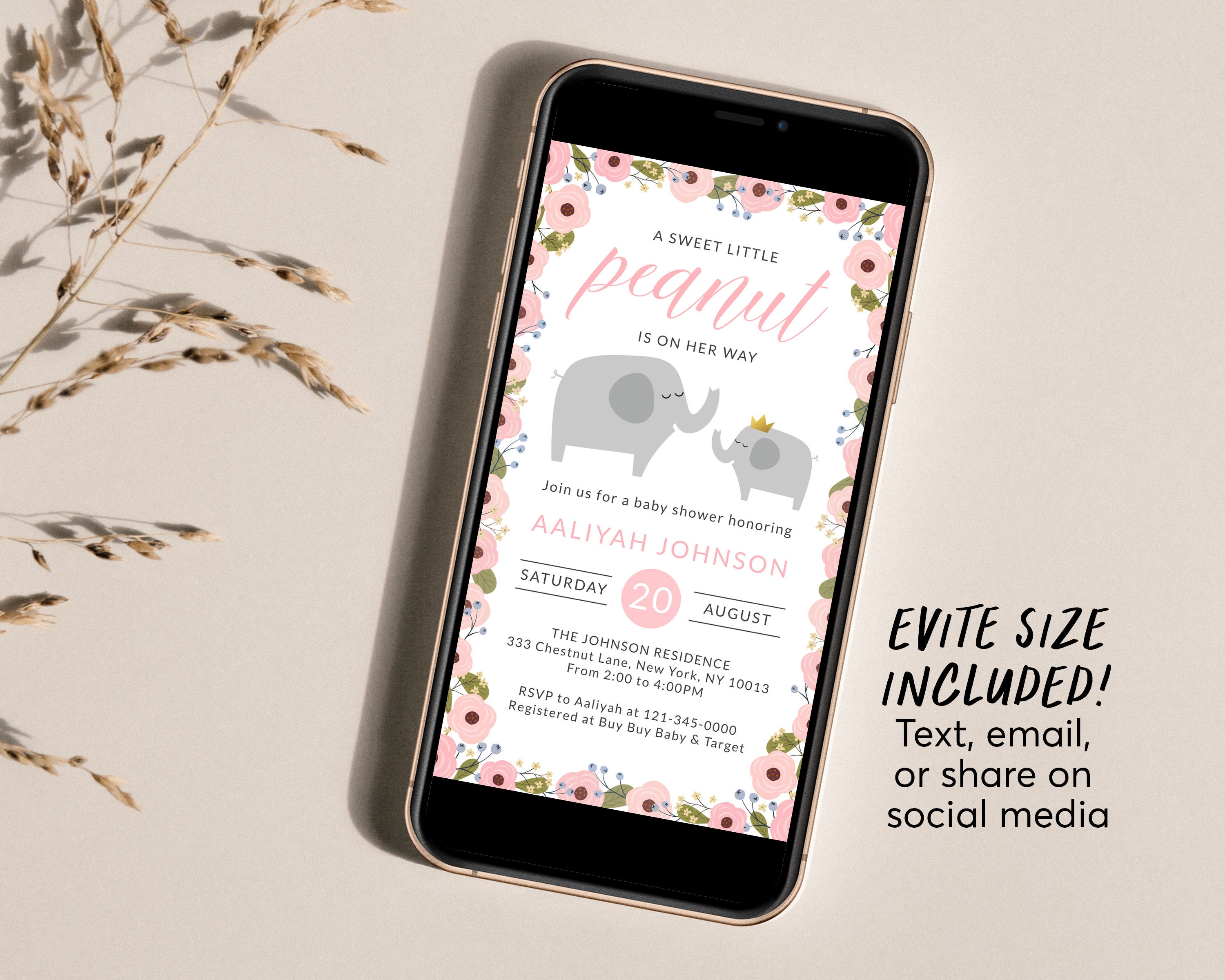 Editable Floral Elephant Baby Shower Invitation Template, Blush Pink ...