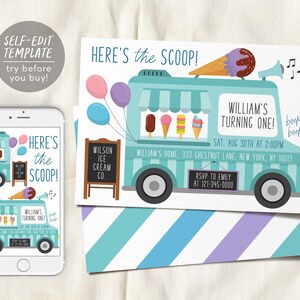 Ice Cream Truck Invitation Editable Template, Here's The Scoop Ice Cream Cart Birthday Party, Any Age Sweet One Summer Boy Unisex Invite