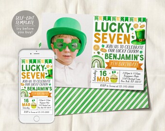 Può includere: Invito digitale modificabile per una festa di compleanno di 7 anni con uno schema di colori verde, oro e arcobaleno. L'invito presenta il testo "Lucky Seven" e "Benjamin's 7th Birthday!" con un design a trifoglio e moneta d'oro. L'invito include anche una foto di un bambino con un cappello verde e occhiali da sole.