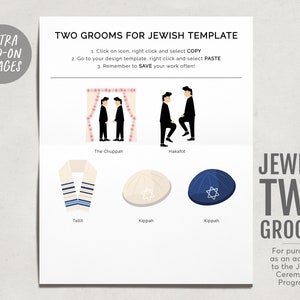 Könnte beinhalten: Eine druckbare Vorlage für ein jüdisches Hochzeitszeremonie-Programm mit Illustrationen von Chuppa, Tallit, Kippa und Hakafot. Der Text lautet "Zwei Bräutigame für jüdische Vorlage".