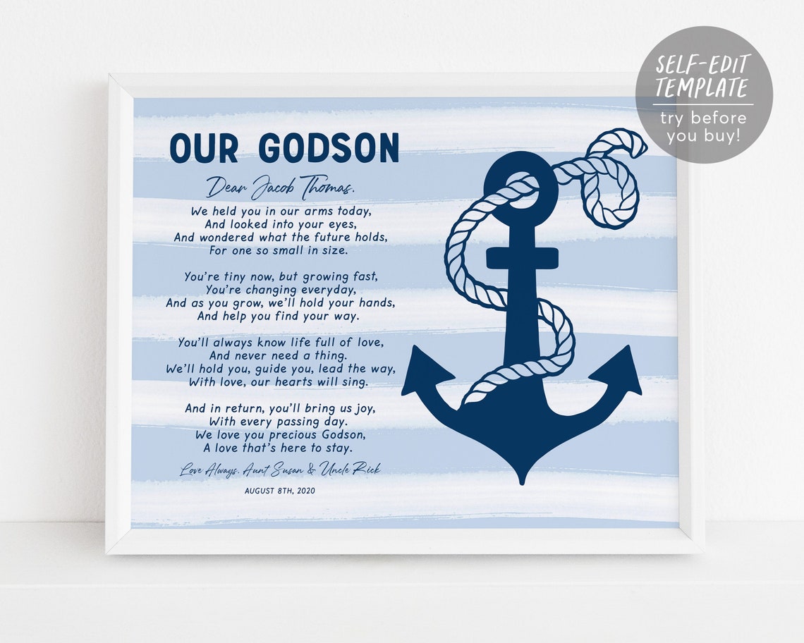 Editable Godson Gift Printable Template Nautical Baptism - Etsy