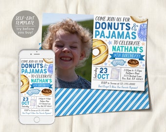Donuts and Pajamas Birthday Invitation With Photo Editable Template, Boy Tween Donut Party Invite, Kids PJs Slumber Party Sleepover Evite