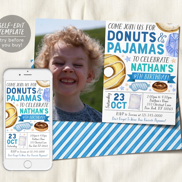 Donuts and Pajamas Birthday Invitation With Photo Editable Template, Boy Tween Donut Party Invite, Kids PJs Slumber Party Sleepover Evite