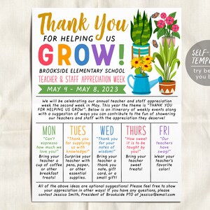 Tema de floración floral Carta a los padres Semana de agradecimiento al personal del maestro Plantilla editable, Horario de cultivo del jardín Itinerario Cartel del boletín informativo PTO PTA