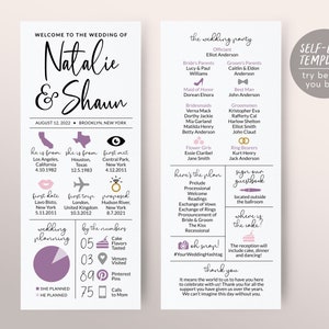 May include: A wedding invitation with a pink and gray color scheme. The invitation features the names Natalie and Shaun, the wedding date, and the location. The invitation also includes details about the wedding party, the ceremony, and the reception. The text "Self-Edit Template try before you buy!" is in a white box with a pink border.