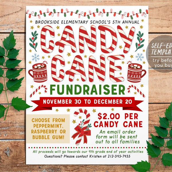 Christmas Candy Cane Fundraiser Flyer Editable Template, Holiday Community Event Invitation Printable, Xmas Event Church School PTO PTA