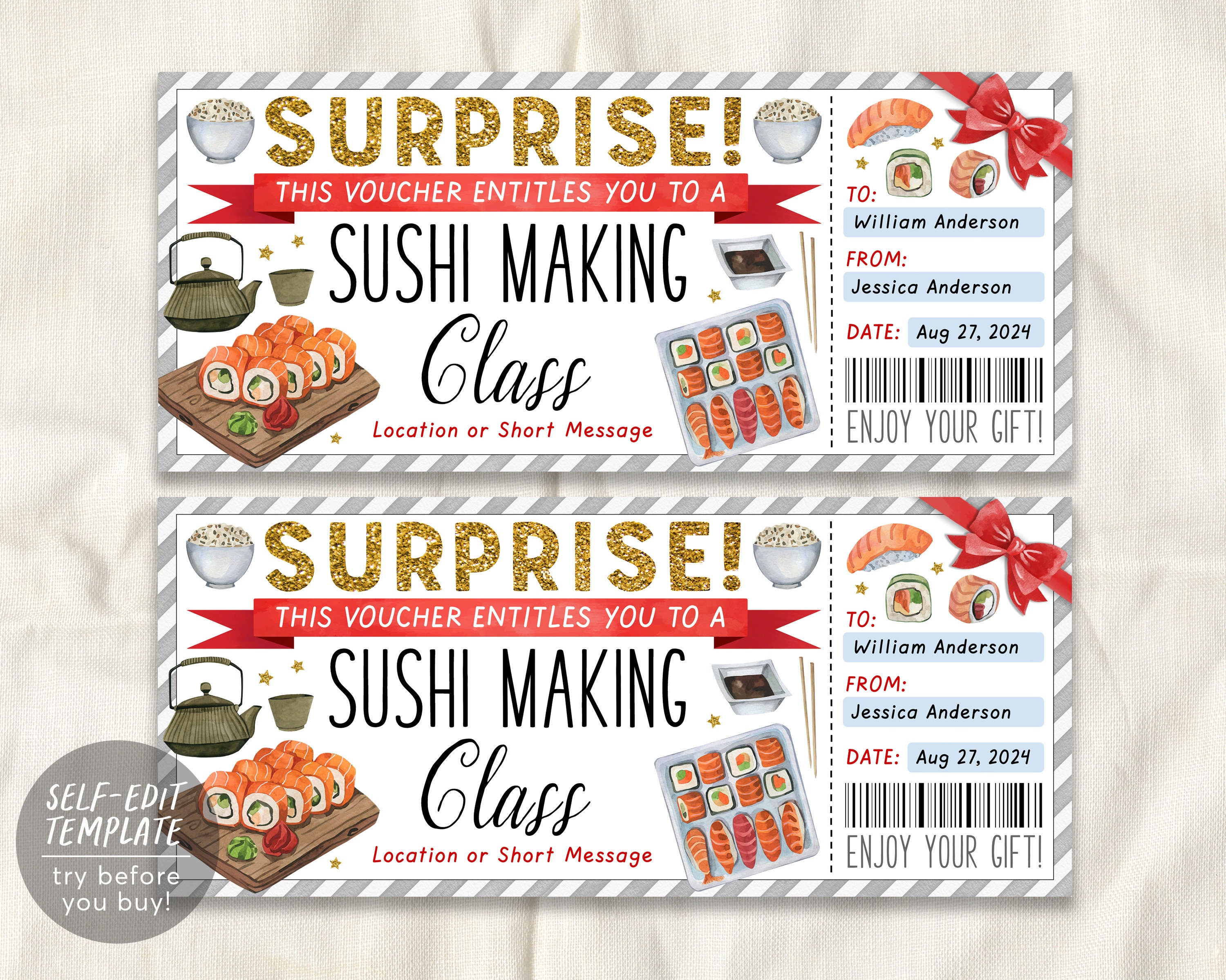 Sushi Making Class Ticket Voucher Editable Template, Surprise Japanese Cuisine Food Cooking Coupon, Cooking Lessons Certificate Printable