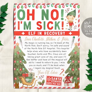 Modelo editável de carta de recuperação de elfo de Natal, carta mágica perdida de elfo, ah, não, estou doente se o elfo foi tocado, carta para impressão, menino ou menina elfo