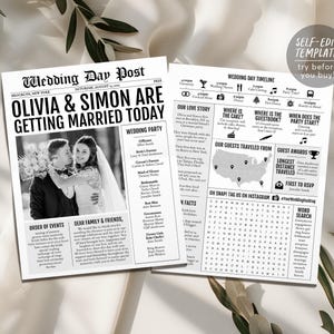 May include: A black and white wedding program designed like a newspaper titled Wedding Day Post. It features a photo of a couple, a wedding party list, a timeline, a map of the United States, and a word search puzzle for guests.