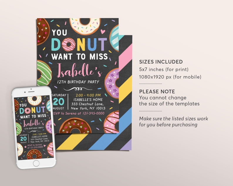 Editable Donut Invitation Template You Donut Want to Miss Birthday Evite Girl Sweet Doughnut Birthday Chalkboard Girl Donuts