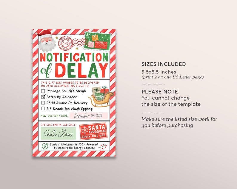 Late Christmas Gift Letter from Santa Editable Template, Delayed Christmas Package Notice Printable, Missing Christmas Present Official image 2