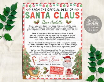 Santa Claus Letter Editable Template, Customized From The Official Desk Of Santa Claus, Christmas Eve North Pole Mail DIY Activity