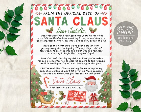 Santa Claus Letter Editable Template, Customized From The Official Desk Of Santa Claus, Christmas Eve North Pole Mail DIY Activity