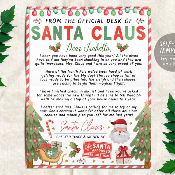 Santa Claus Letter Editable Template, Customized From The Official Desk Of Santa Claus, Christmas Eve North Pole Mail Nice List DIY Activity