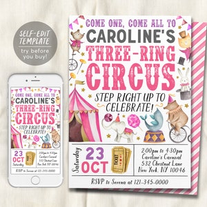 May include: A pink and purple printable invitation for a child's birthday party. The invitation features a circus theme with a pink and white striped tent, a cartoon elephant, a bear riding a unicycle, and a dolphin. The text on the invitation reads "Come one, come all to Caroline's Three-Ring Circus. Step right up to celebrate!" The date of the party is October 23rd and the time is 2:00 pm to 4:30 pm. The location is 532 Chestnut Lane, New York, NY 10046. The RSVP information is "RSVP to Serena at 121-345-0000".