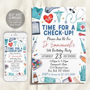 Medical Theme Birthday Invitation Editable Template, Our Little Doctor Party Invite, Time For A Check Up Evite, Kids Nurse Pretend Hospital