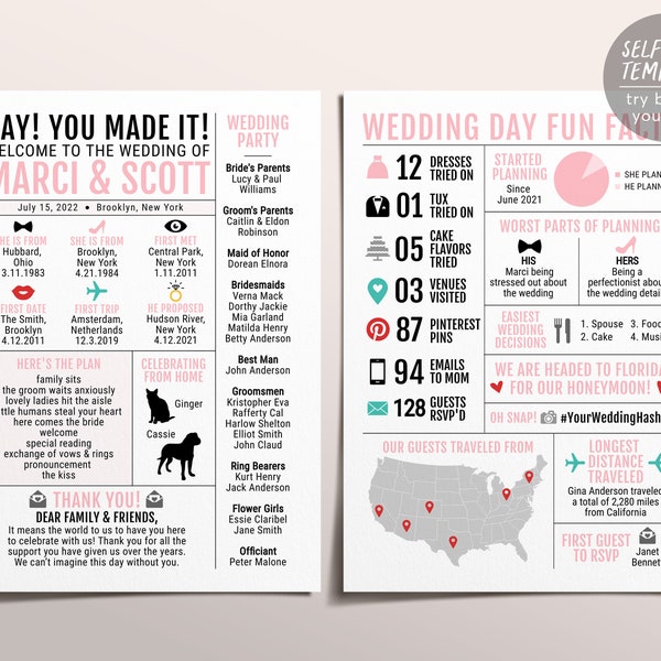 Programme de mariage infographique blush, programme de réception moderne modifiable, programme de mariage unique drôle, faits amusants sur le mariage, mariage dans le jardin