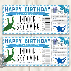 屋内スカイダイビングギフト券チケット編集可能なテンプレート、大人、ティーン、子供向けの誕生日サプライズスカイダイビング体験ギフト券クーポン