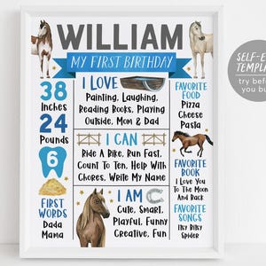 Modèle modifiable de signe d'étape importante d'anniversaire de cheval de cheval, affiche de statistiques de partie de cow-boy, conseil d'un an de chevaux sauvages de rodéo de garçon