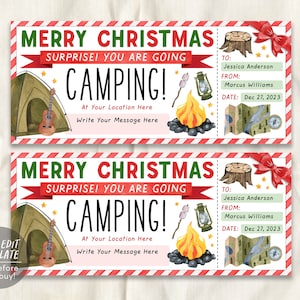 Modello modificabile del biglietto per il viaggio in campeggio di Natale, buono regalo per la rivelazione del viaggio del fine settimana a sorpresa, buono voucher per l'esperienza escursionistica nella natura selvaggia
