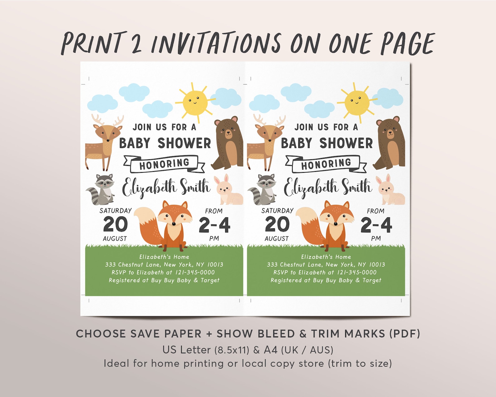 Editable Forest Animals Baby Shower Invitation Template - Etsy
