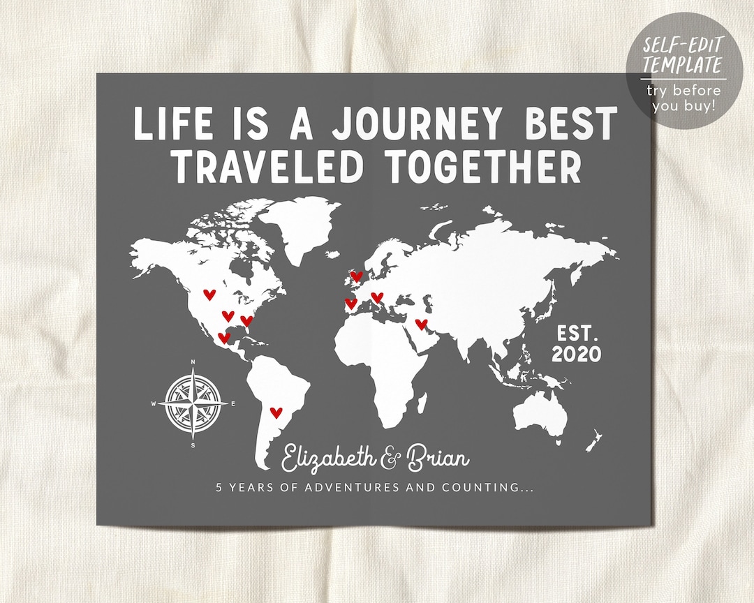 Editable Couples Travel Map Print Template, Life is a Journey Best