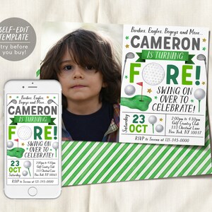 May include: A green and white golf-themed birthday invitation for Cameron. The invitation features a golf ball, a golf club, and the text "FORE!" in green and white. The invitation also includes the date and time of the party, as well as the location. The invitation is decorated with stars and a green and white striped background.