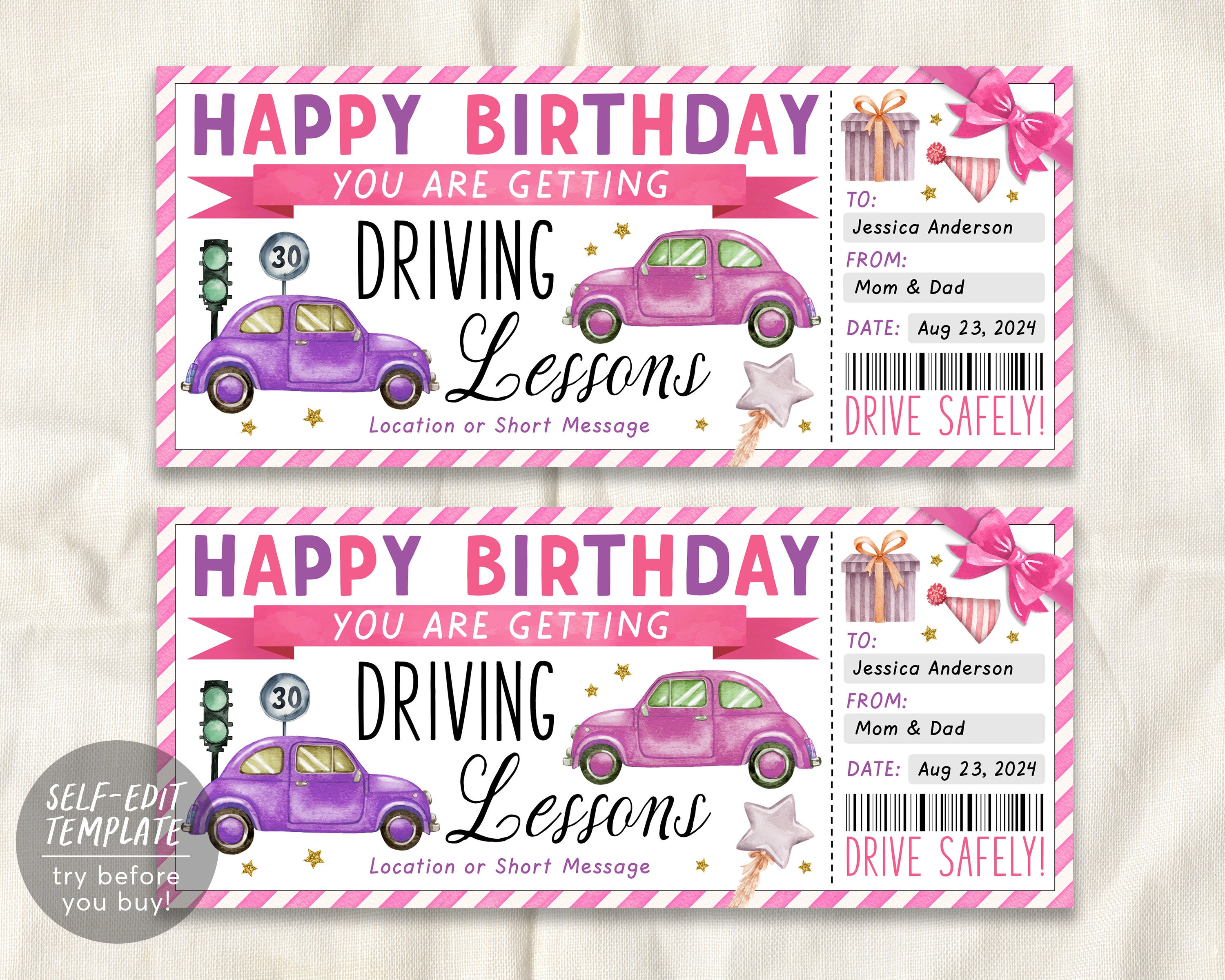 Driving Lessons Gift Certificate Editable Template, 17th Birthday Surprise Driving School Gift Voucher Ticket, Learn to Drive Learner Coupon