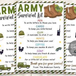 Army Survival Kit Gift Tags Editable Template, Soldier Boot Camp Army Deployment Gift Idea, Military Appreciation, Military Care Package