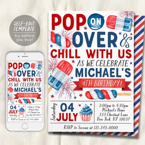 Modelo editável de convite de aniversário de 4 de julho, picolé pop no convite para festa patriótica de verão, relaxe conosco vermelho branco azul Evite