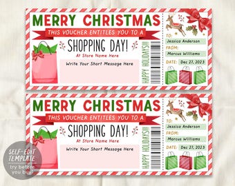 May include: A Christmas shopping day voucher template featuring red and green text, a pink shopping bag illustration, a reindeer, a red bow, and a barcode. The text reads Merry Christmas, This voucher entitles you to a shopping day, At Store Name Here, Write Your Short Message Here, Happy Holidays, To: Jessica Anderson, From: Marcus Williams, Date: Dec 27, 2023.