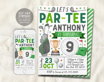 May include: A golf-themed birthday invitation template featuring the text LET'S PAR-TEE ANTHONY IS TURNING 9. The design includes illustrations of golf clubs, a bag, a trophy, and a golf ball on a green, displayed on a smartphone and a card.
