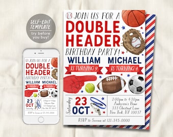 Sports Joint Siblings Birthday Invitation Editable Template, Double Header Sports Theme Party Invite, Kids It's Game Time All Star Evite