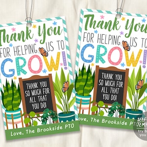Merci de nous avoir aidés à développer des étiquettes-cadeaux modèle modifiable, plantes jardin fleur fleur floral printemps thème faveur étiquette, professeurs d'école PTO PTA