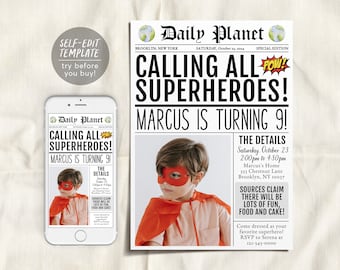 Superhero Newspaper Invitation With Photo Editable Template, Superhero Birthday Theme Party Invite, Unique Hero Evite Printable Superheroes