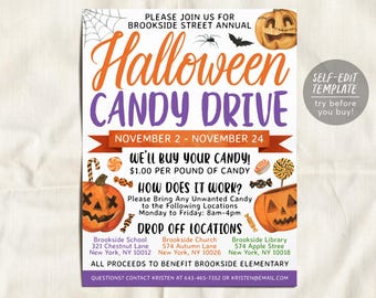 May include: A flyer for a Halloween Candy Drive featuring orange and purple text, illustrations of jack-o'-lanterns, a spider, a bat, and candy. The text includes event details, dates from November 2 to November 24, and drop-off locations.