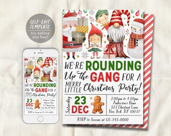 We're Rounding Up The Gang Christmas Party Invitation Editable Template, Santa's Crew Party Invite, Merry Little Christmas Winter Evite