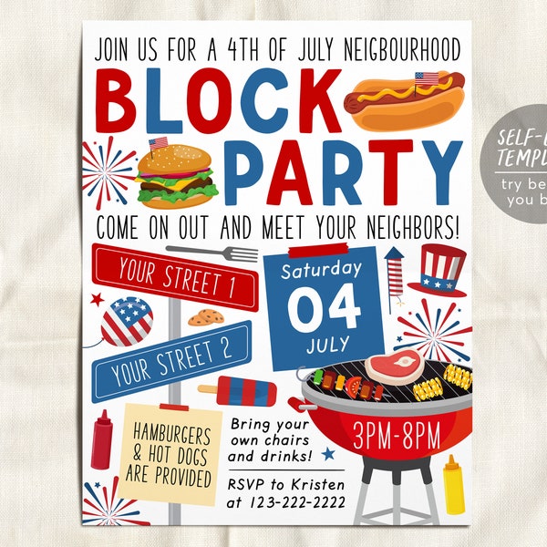 4th of July Neighborhood Block Party Invitation Editable Template, Independence Day Fourth of July Open House, BBQ Picnic Summer Party Flyer