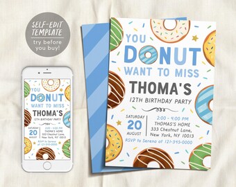 May include: A birthday party invitation template featuring colourful doughnut illustrations and the text YOU DONUT WANT TO MISS THOMA'S 12TH BIRTHDAY PARTY, with event details including date, time, location, and RSVP information displayed on a smartphone and a card.