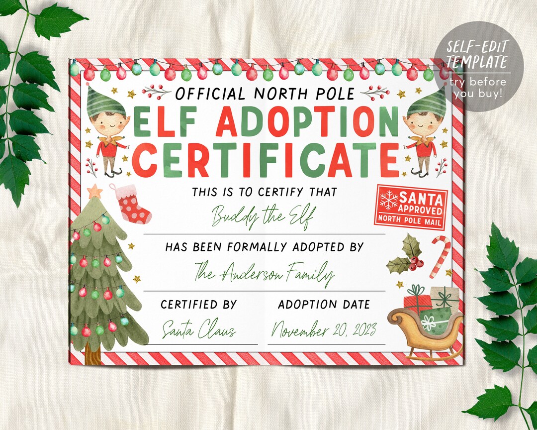 Elf Adoption Certificate Editable Template, Official Adopt Your Elves ...