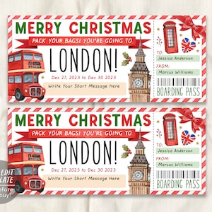 London Surprise Gift Ticket Boarding Pass Editable Template, Christmas Travel Vacation Plane Ticket Certificate, England Holiday Trip Reveal